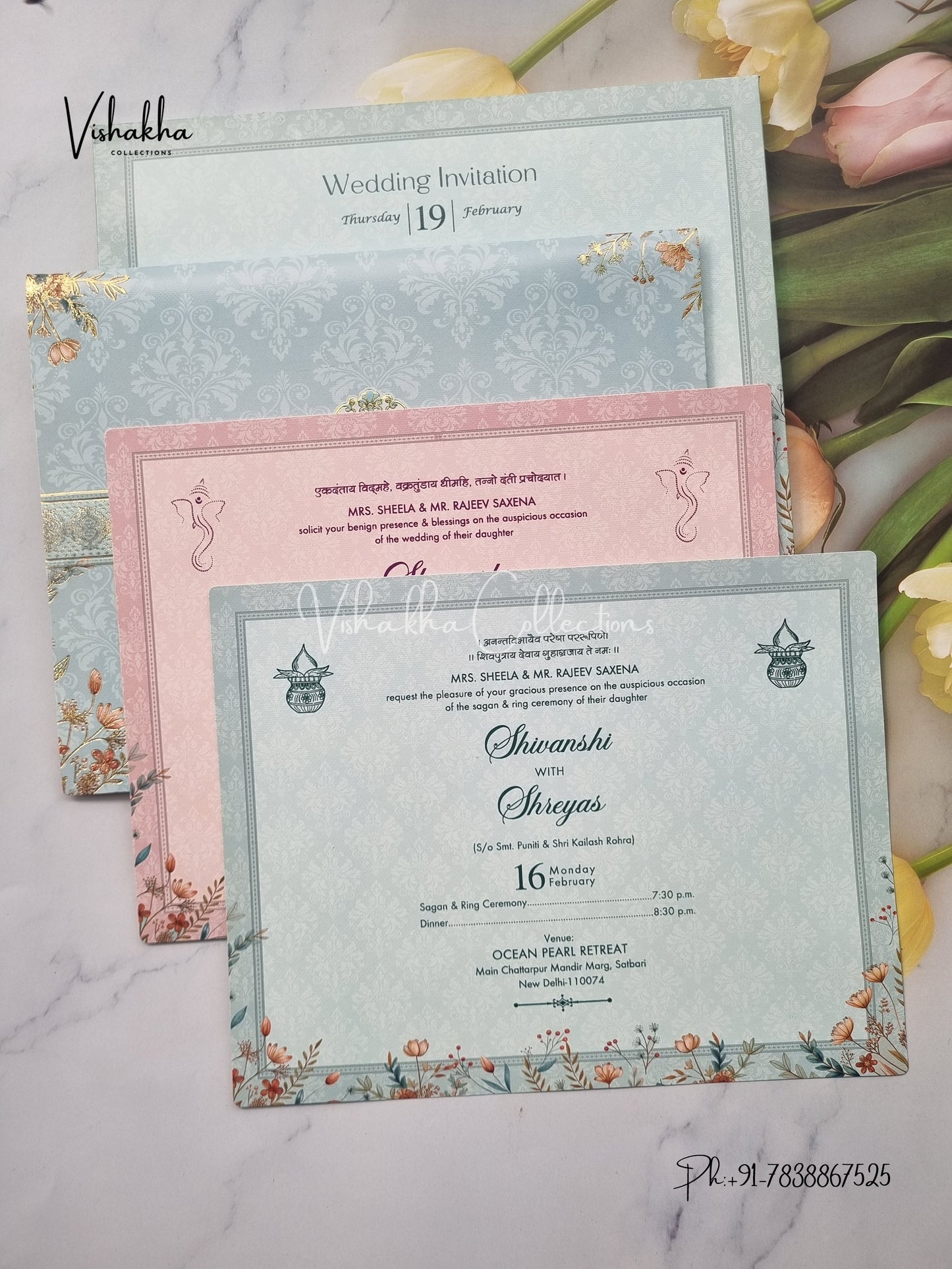 Semi Box Flower Hindu Muslim Christian Sikh invitation Cards EJ-5119