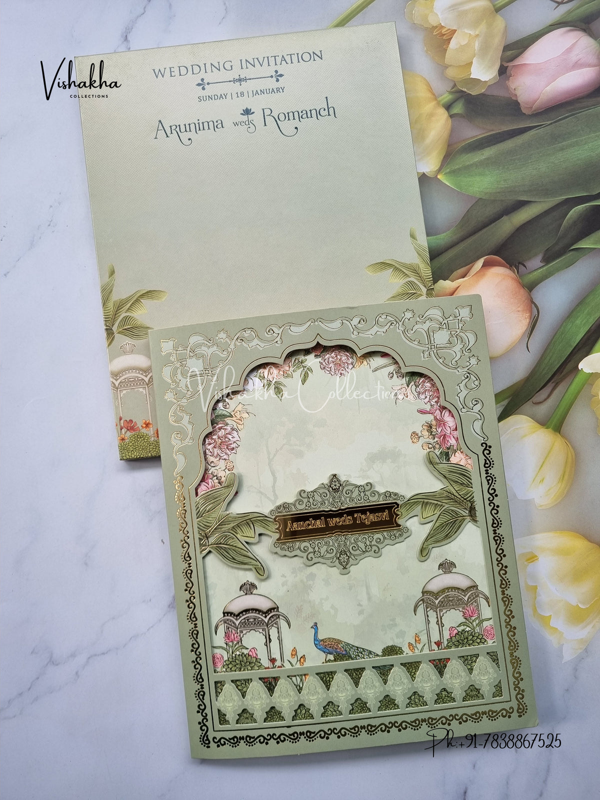 Sage green peacock and flower laser cut wedding invitation card EJ-5149 with a jharokha window cut into the cover