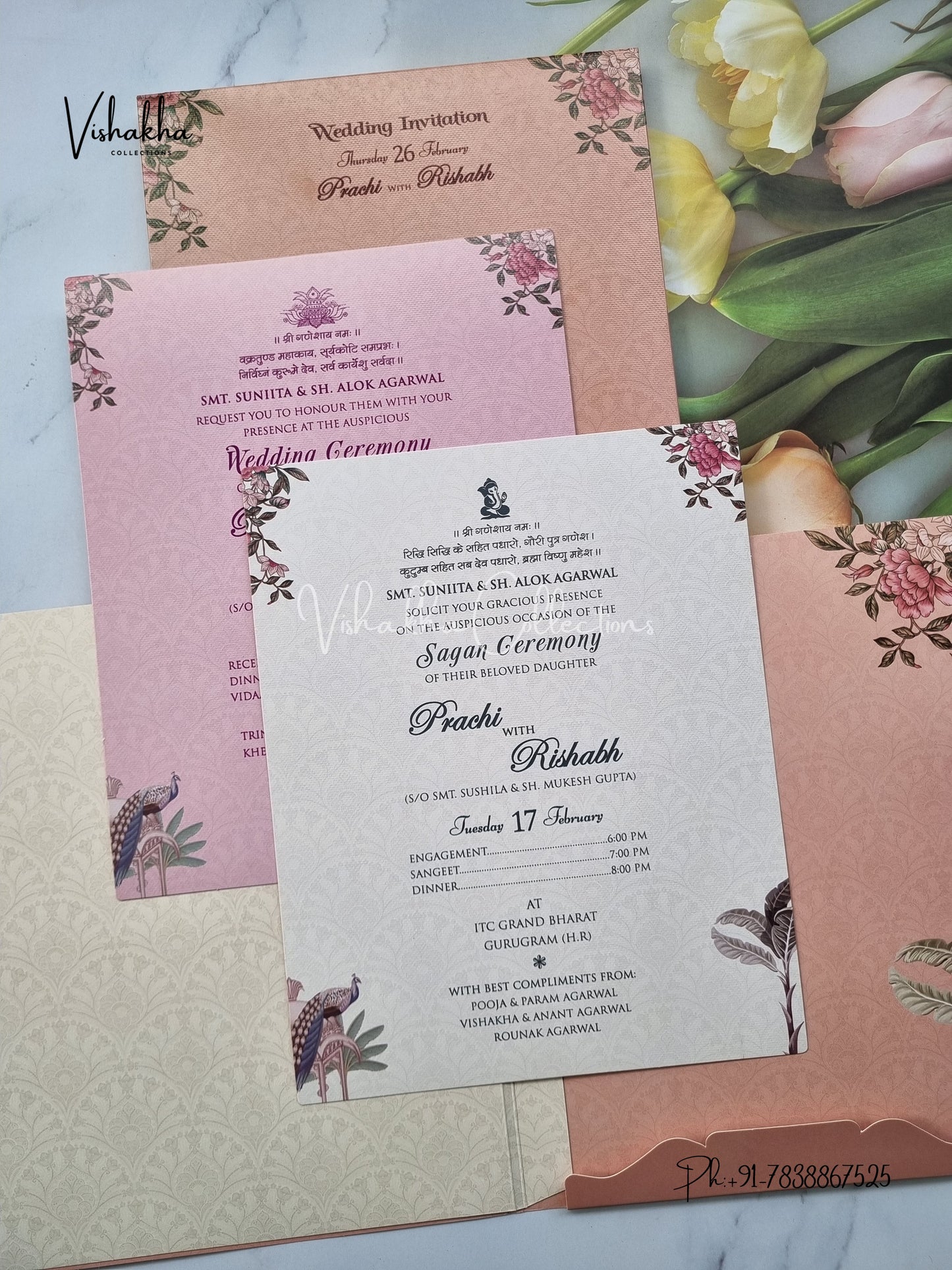 Peacock Flower Hindu Sikh invitation Cards EJ-5154