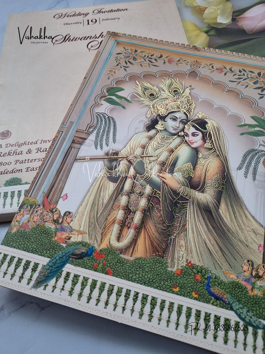 Radha Krishna Peacock Hindu invitation Cards EJ-5162