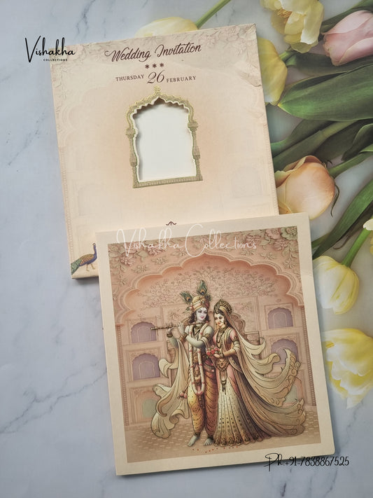 Radha Krishna Peacock Semi Box Hindu invitation Cards EJ-5173