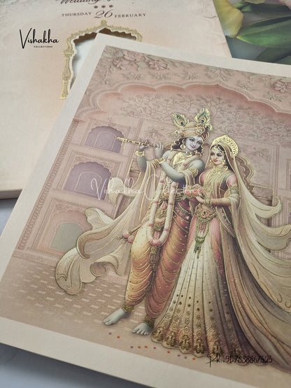 Radha Krishna Peacock Semi Box Hindu invitation Cards EJ-5173