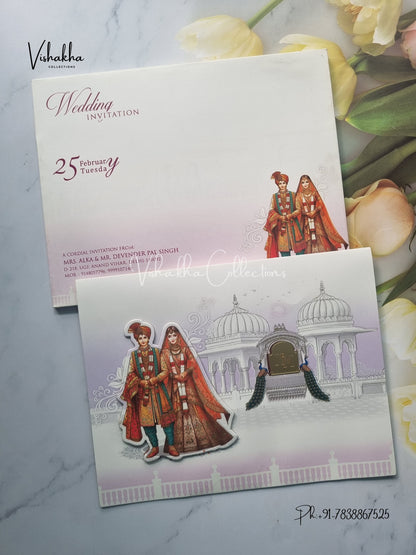 Peacock Semi Box Dulah Dulhan Hindu Sikh invitation Cards EJ-5176