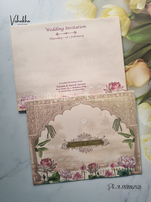 Lotus Semi Box Flower Hindu Muslim Christian Sikh invitation Cards EJ-5177