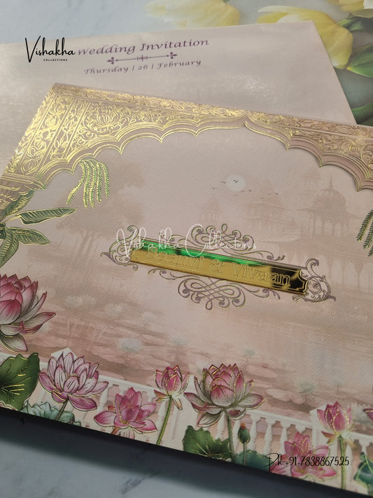 Lotus Semi Box Flower Hindu Muslim Christian Sikh invitation Cards EJ-5177