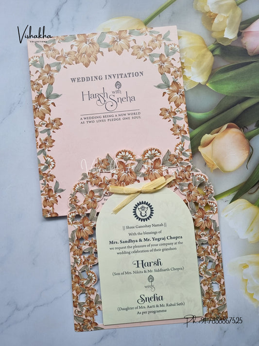Flower Hindu Muslim Christian Sikh Laser Cut invitation Cards EJ-5192