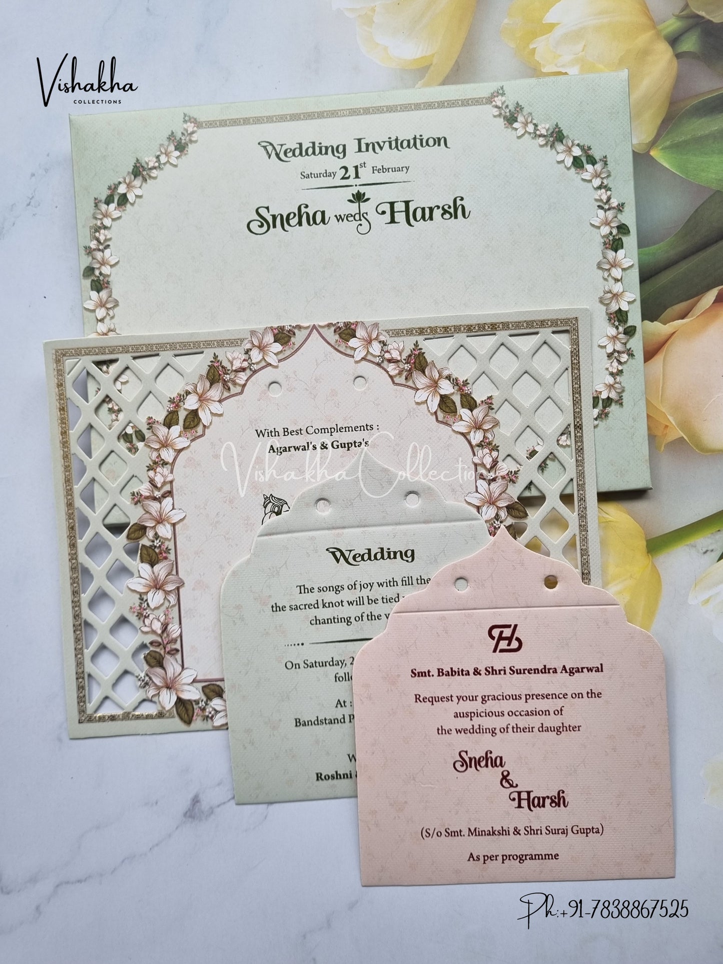 Flower Hindu Muslim Christian Sikh Laser Cut invitation Cards EJ-5275