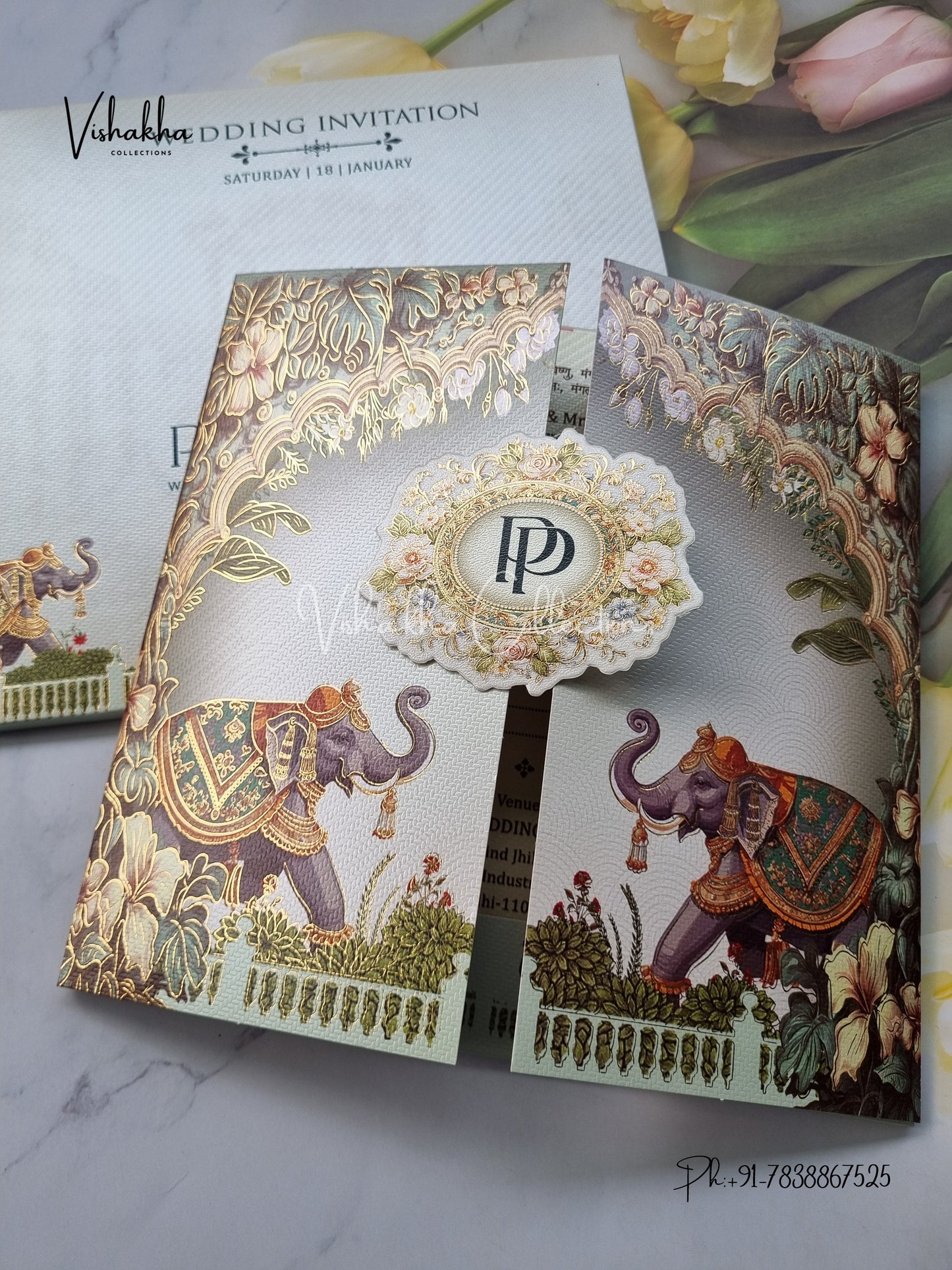 Hathi Flower Hindu Sikh invitation Cards EJ-5307