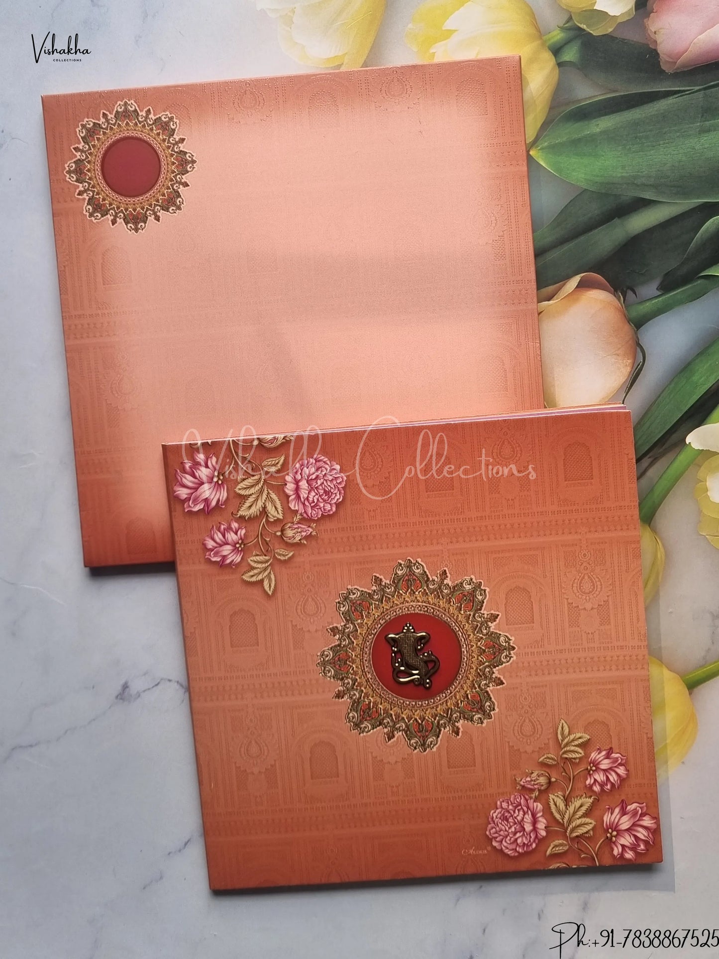 Semi Box Flower Hindu Muslim Christian Jain Sikh Brown Colored wedding invitation Cards GS-1092