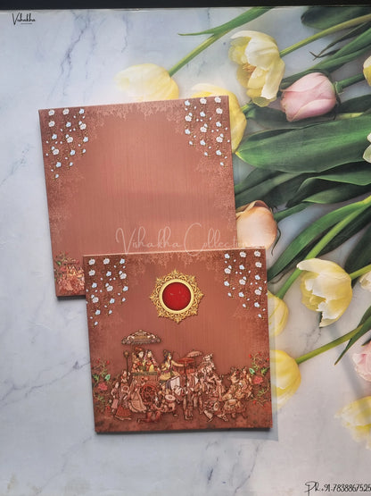Barat Semi Box Flower Hindu Dark Brown Colored wedding invitation Cards GS-1094