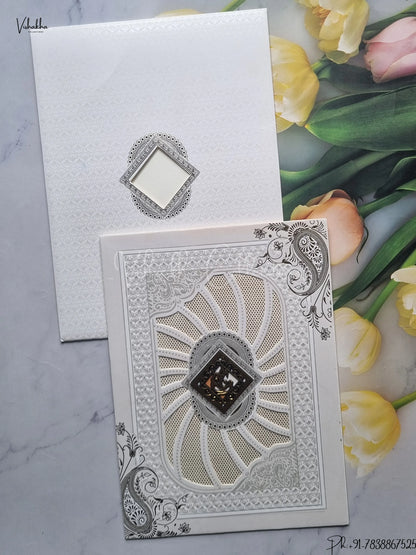Semi Box Hindu Cream And White Colored wedding invitation Cards GS-116