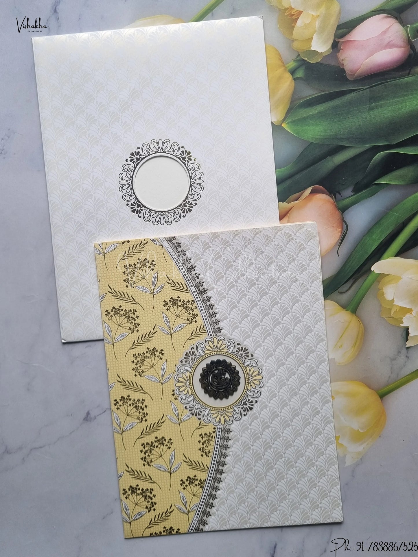 Semi Box Flower Hindu Muslim Christian Jain Sikh Cream And White Colored wedding invitation Cards GS-117