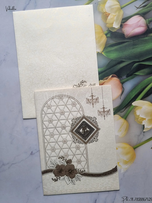 Semi Box Flower Hindu Muslim Christian Jain Sikh Cream And White Colored wedding invitation Cards GS-118