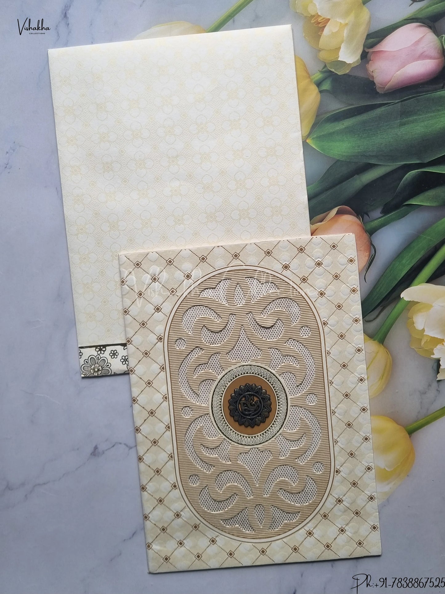 Semi Box Flower Hindu Muslim Christian Jain Sikh Cream And White Colored wedding invitation Cards GS-120