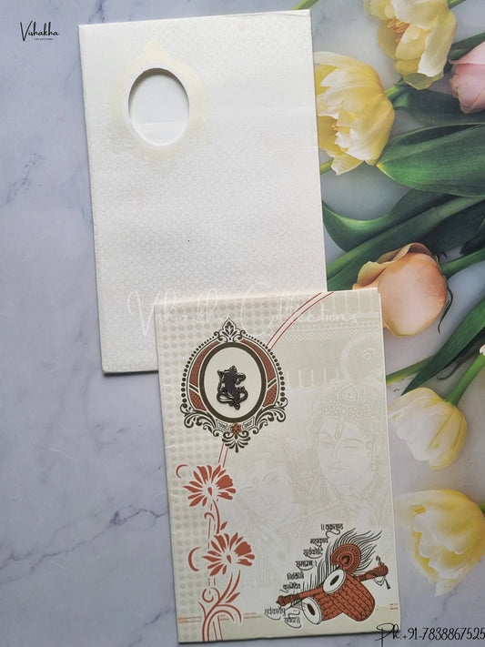 Radha Krishna Ganesh Ji Hindu Cream Colored wedding invitation Cards GS-122
