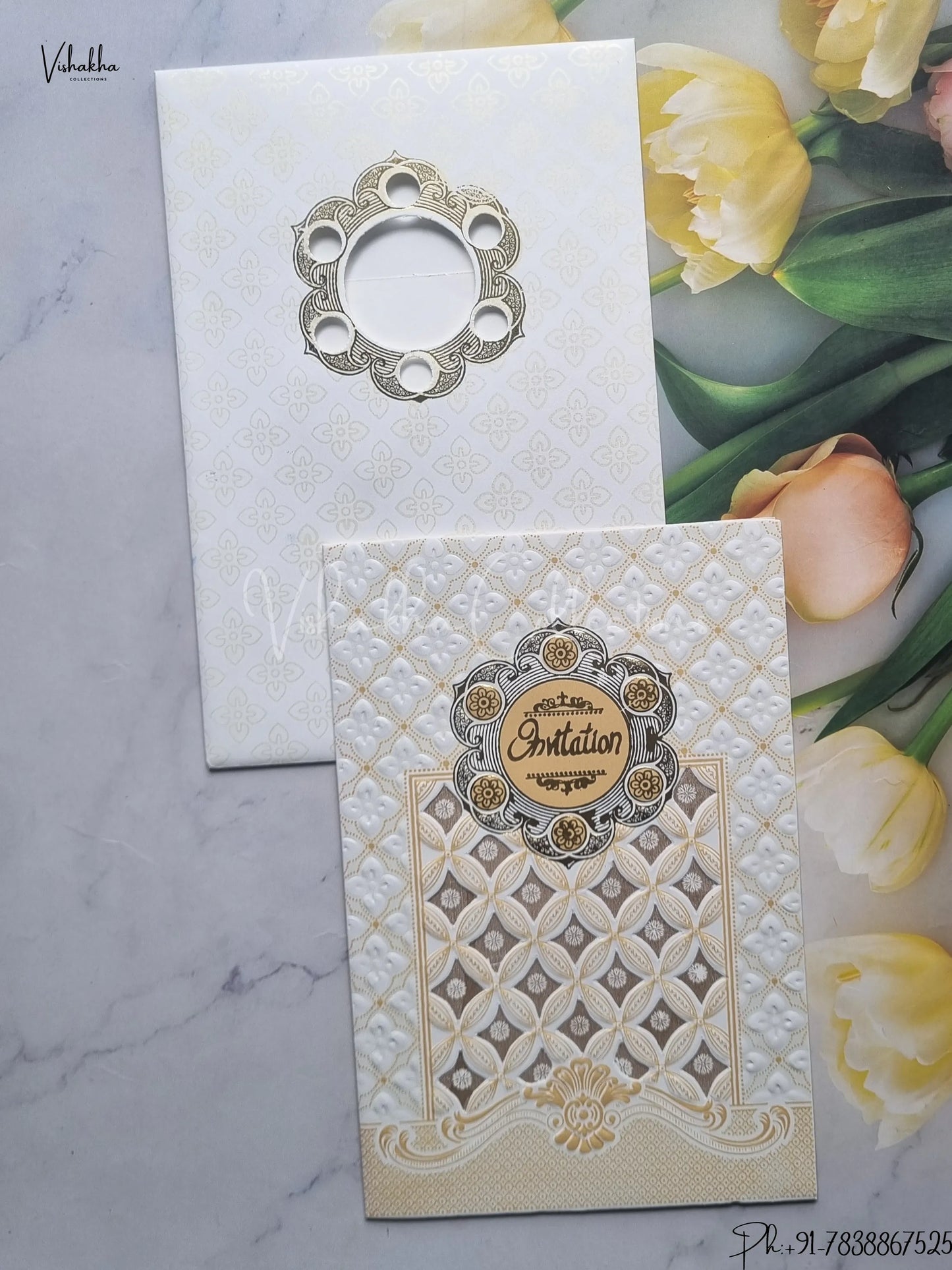Hindu Muslim Christian Jain Sikh White And Gold Colored wedding invitation Cards GS-125