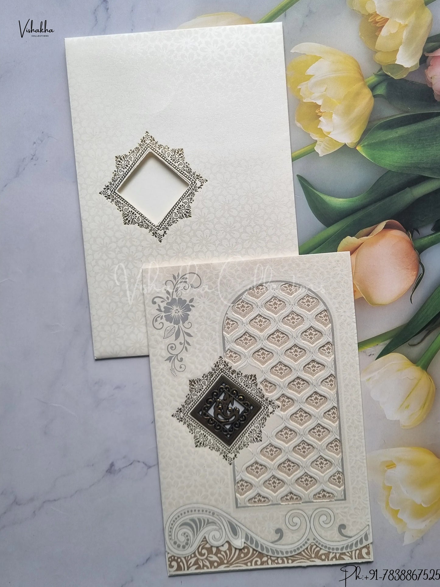 Flower Hindu Muslim Christian Jain Sikh Cream And Gold Colored wedding invitation Cards GS-126