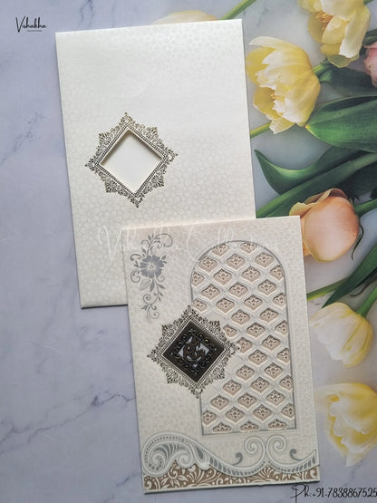 Flower Hindu Muslim Christian Jain Sikh Cream And Gold Colored wedding invitation Cards GS-126
