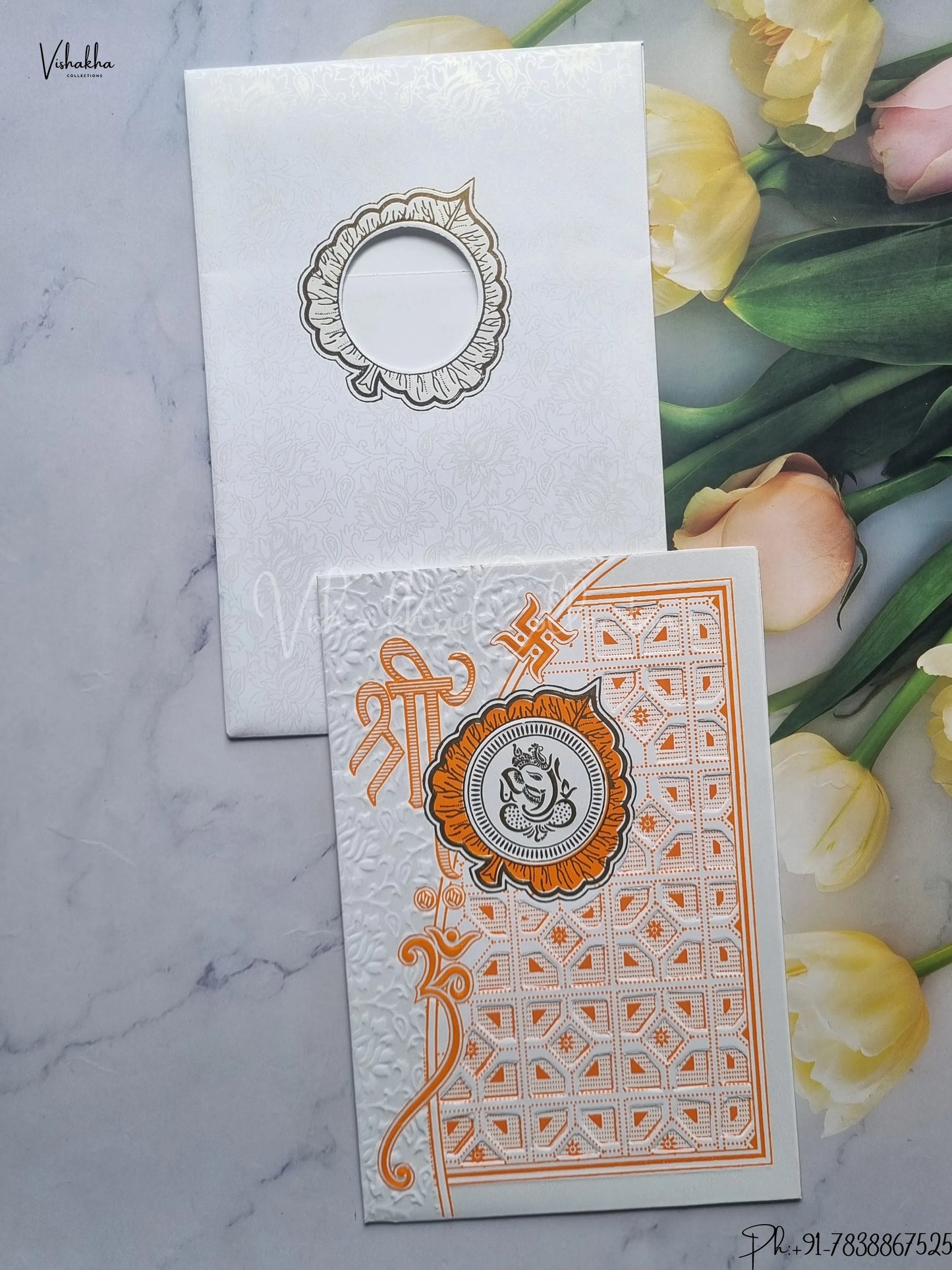 Ganesh Ji Hindu White And Orange Colored wedding invitation Cards GS-127