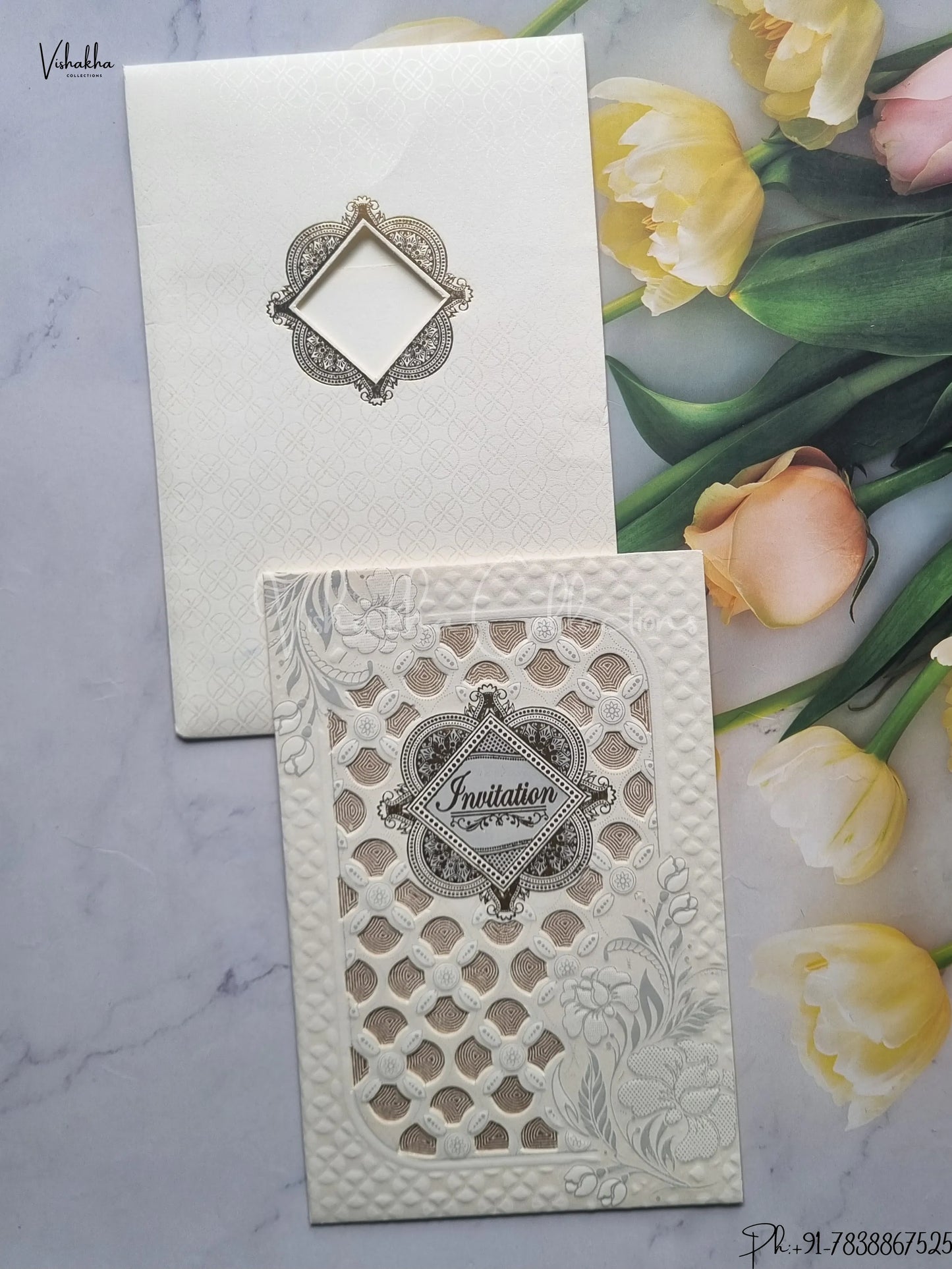 Flower Hindu Muslim Christian Jain Sikh White And Grey Colored wedding invitation Cards GS-132