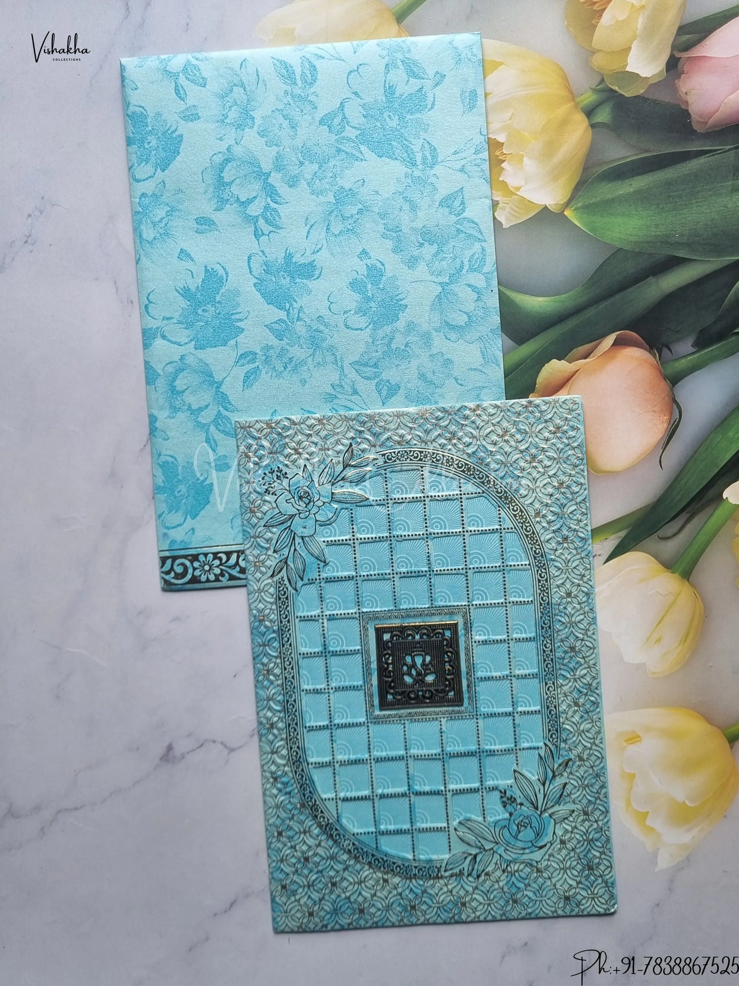 Flower Hindu Muslim Christian Jain Sikh Light Blue Colored wedding invitation Cards GS-133