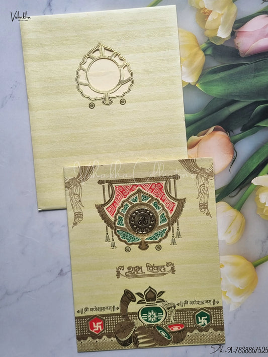 Semi Box Ganesh Ji Hindu Light Pastel Green Colored wedding invitation Cards GS-134