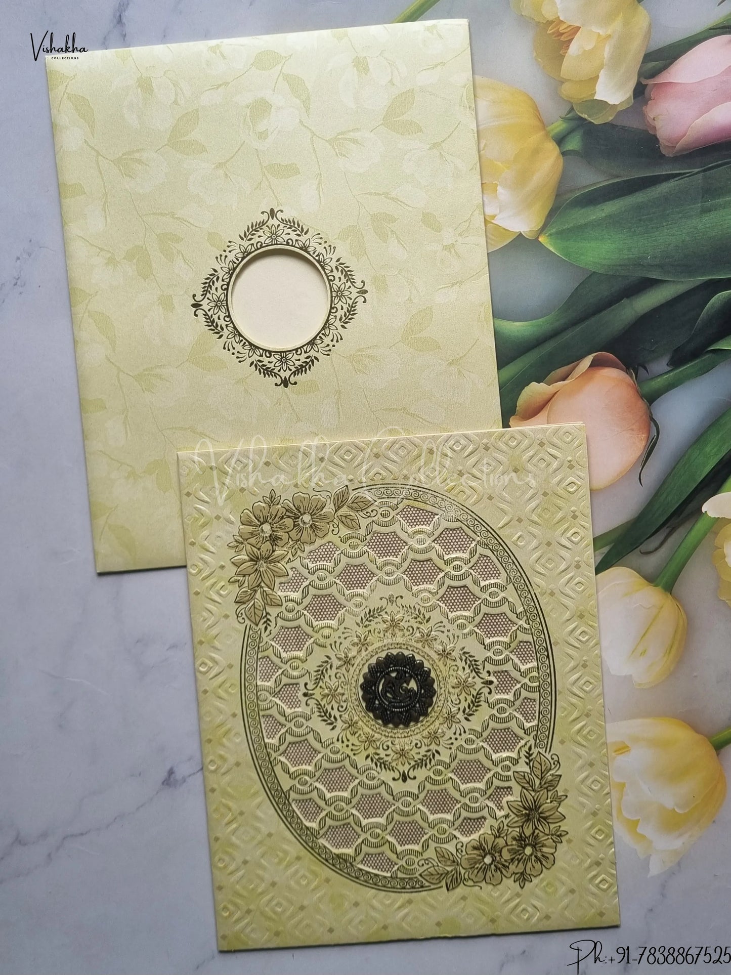 Semi Box Flower Hindu Muslim Christian Jain Sikh Beige Colored wedding invitation Cards GS-135