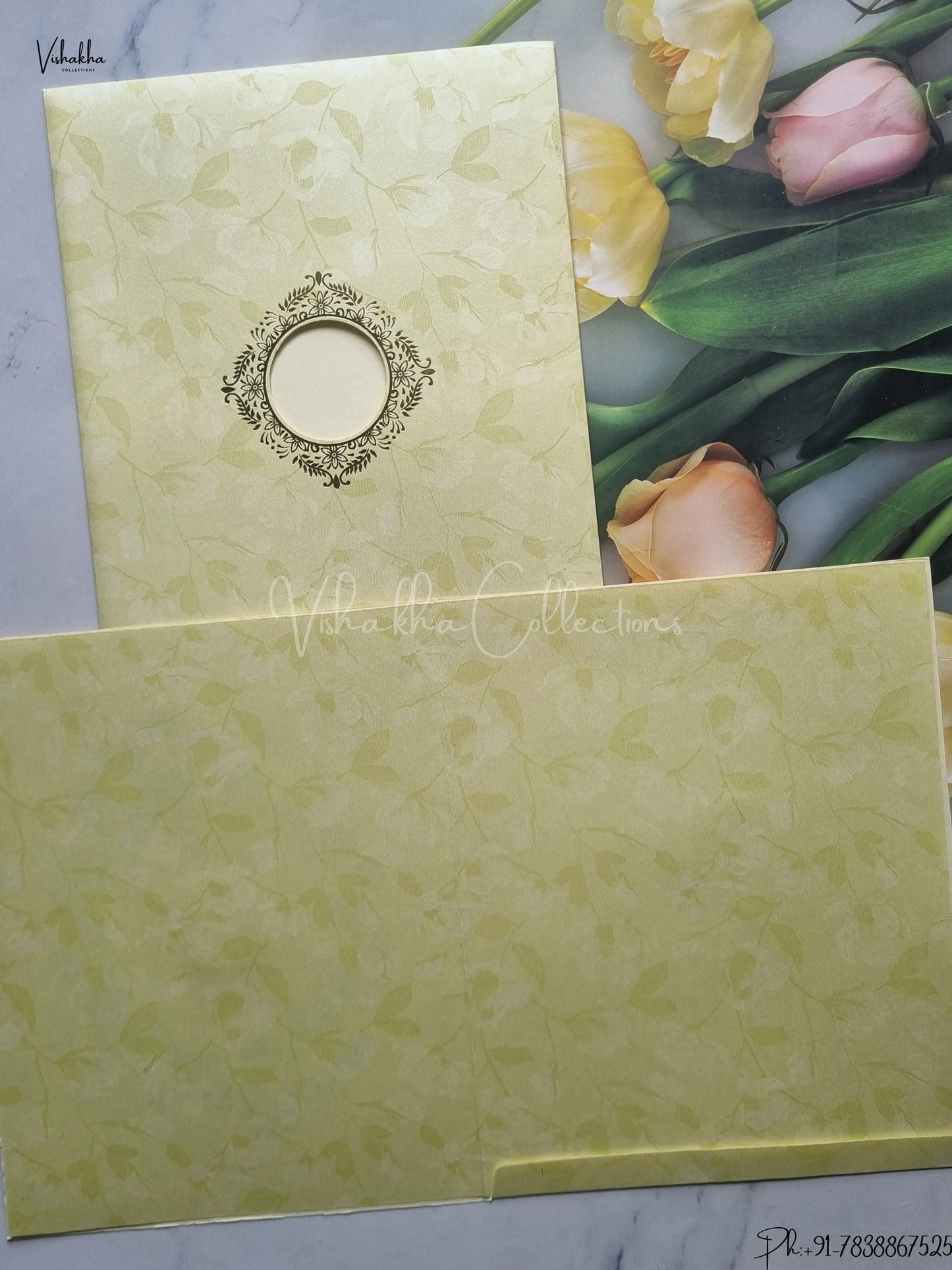 Semi Box Flower Hindu Muslim Christian Jain Sikh Beige Colored wedding invitation Cards GS-135