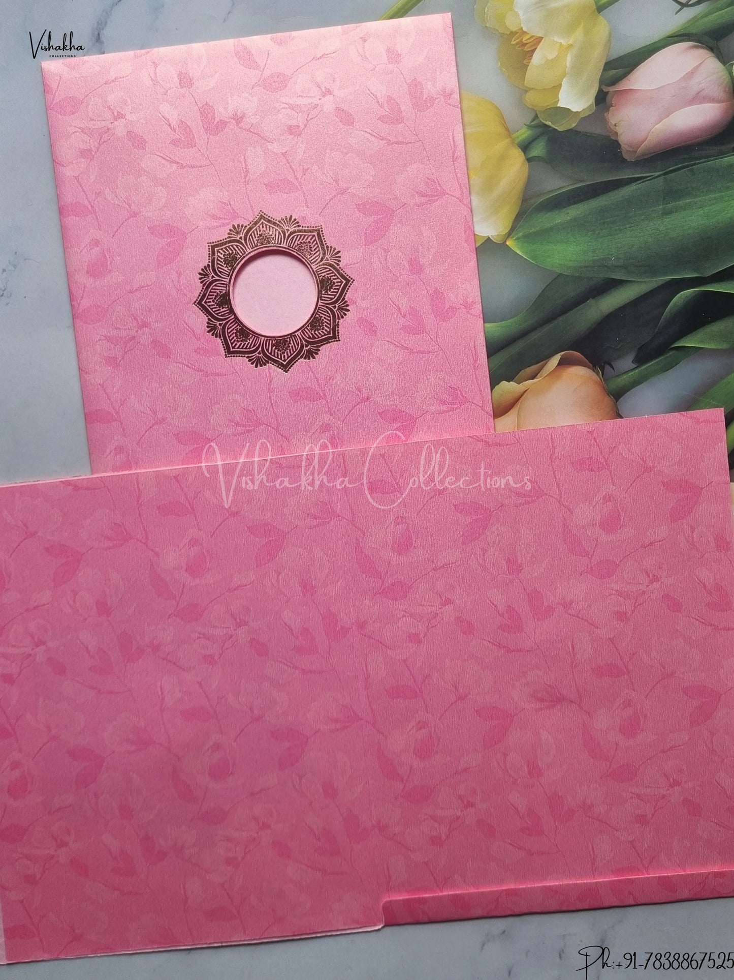 Semi Box Flower Hindu Muslim Christian Jain Sikh Pink Colored wedding invitation Cards GS-136