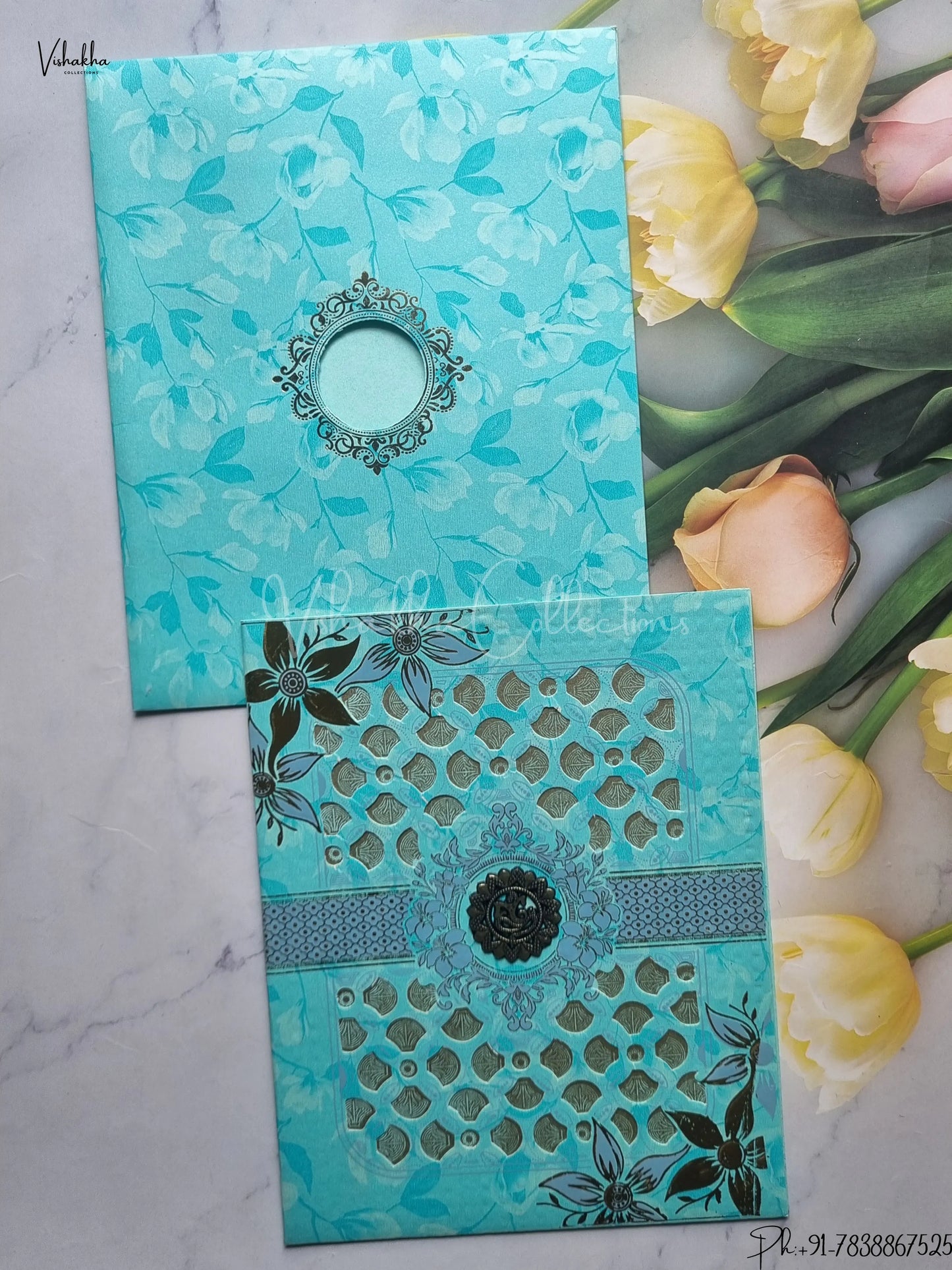 Semi Box Flower Hindu Muslim Christian Jain Sikh Light Brown Colored wedding invitation Cards GS-137