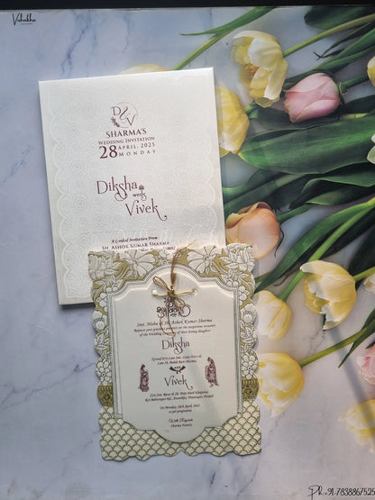 Semi Box Ganesh Ji Dulah Dulhan Flower Hindu Light Brown Colored wedding invitation Cards GS-140