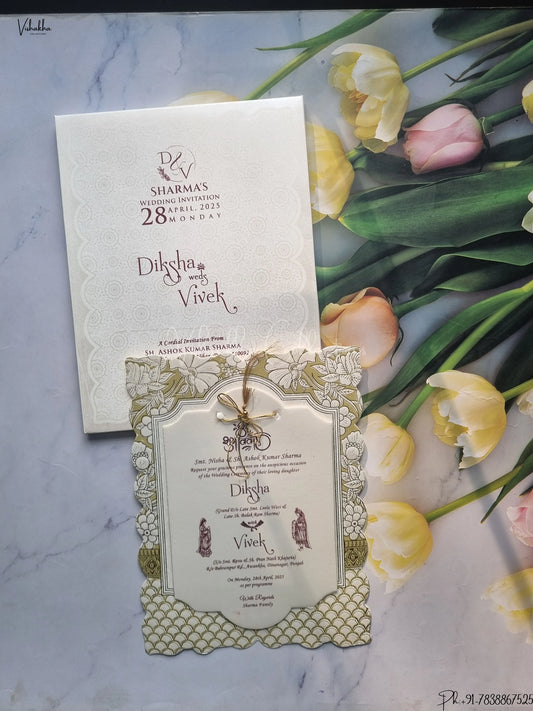 Semi Box Ganesh Ji Dulah Dulhan Flower Hindu Light Brown Colored wedding invitation Cards GS-140