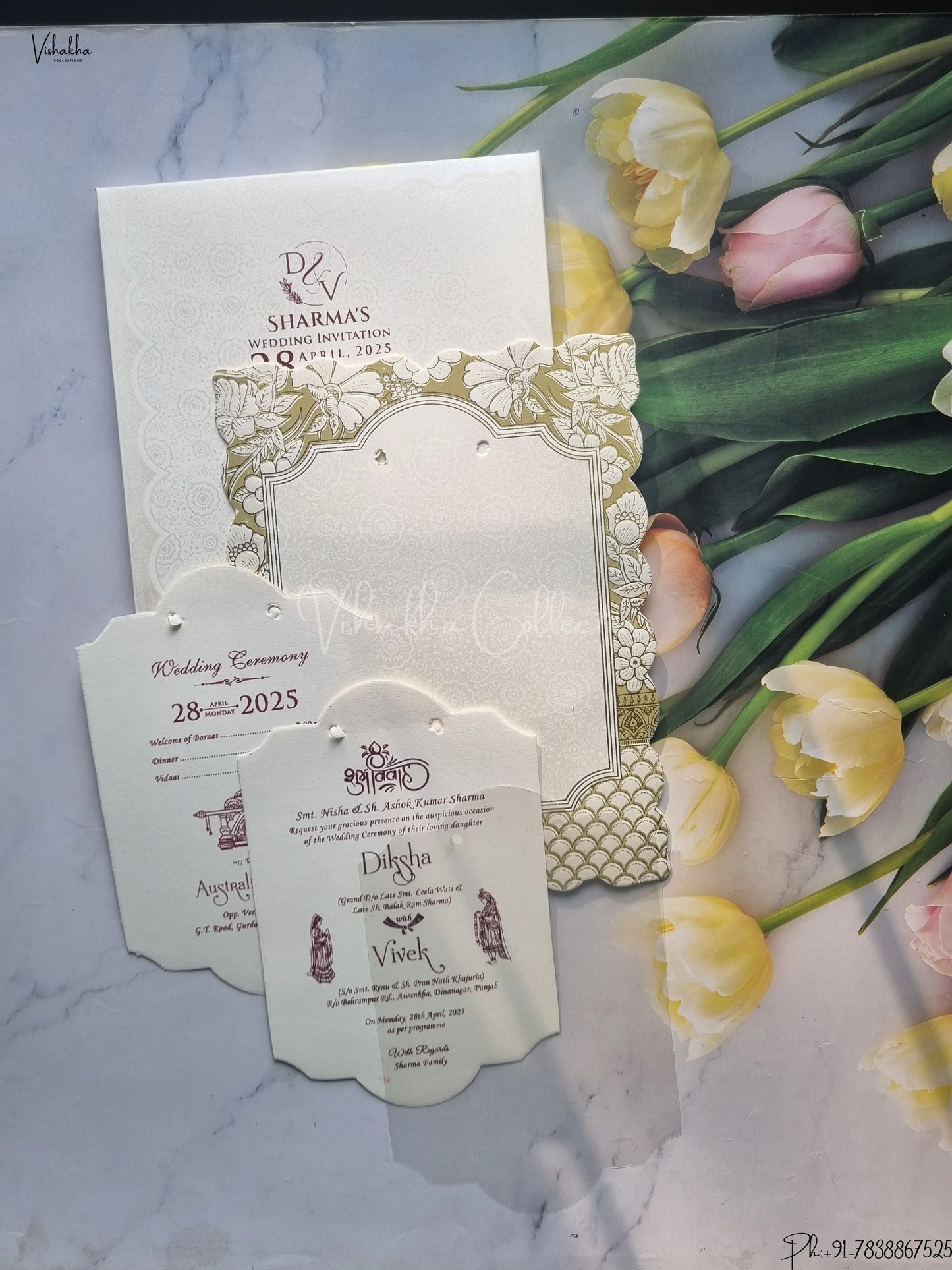 Semi Box Ganesh Ji Dulah Dulhan Flower Hindu Light Brown Colored wedding invitation Cards GS-140