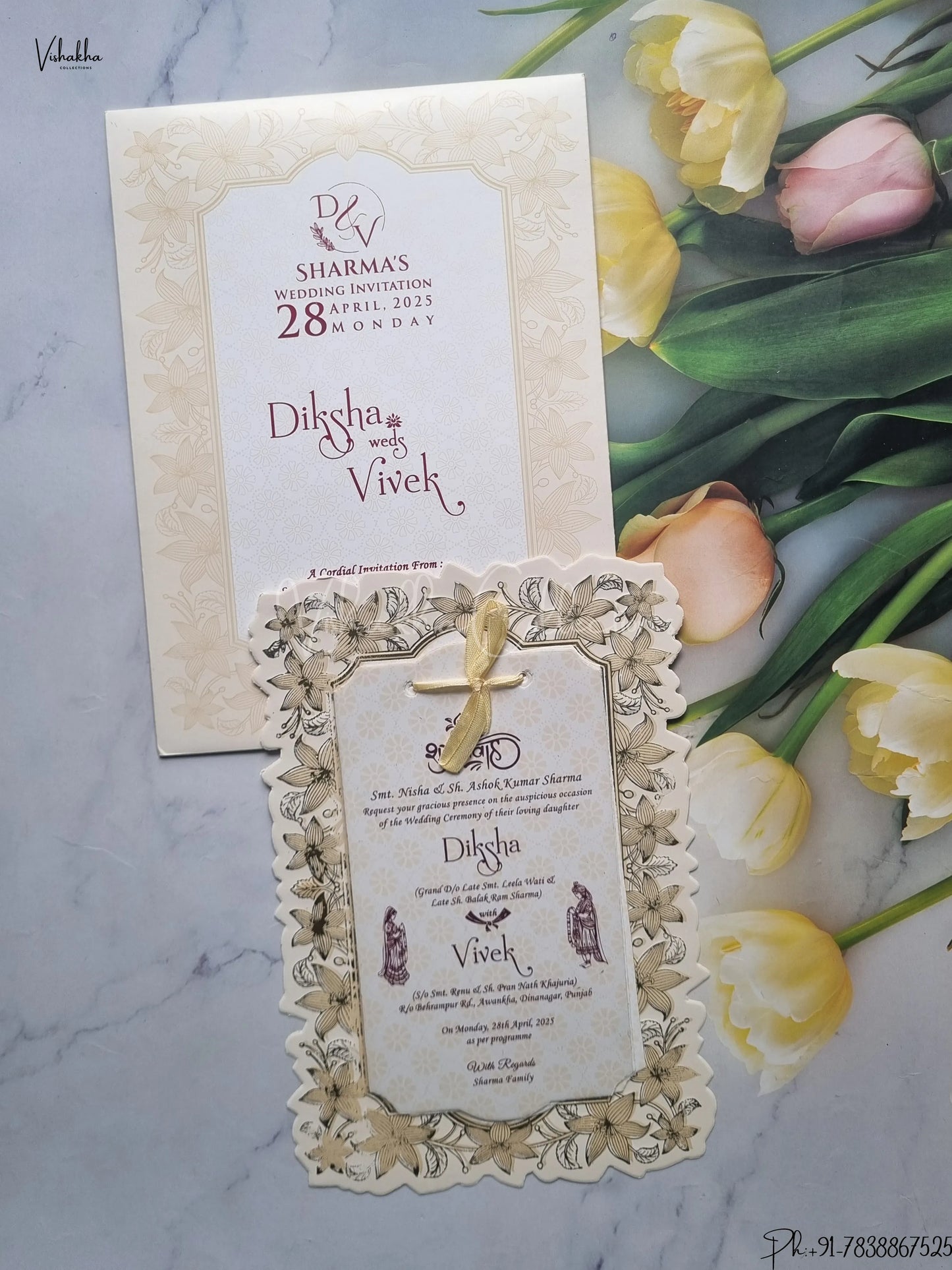 Semi Box Flower Hindu Muslim Christian Jain Sikh Cream Colored wedding invitation Cards GS-222-1