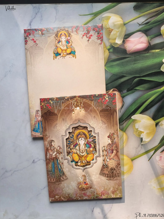 Unique Concept Semi Box Ganesh Ji Dulah Dulhan Hindu Pastel Brown Colored wedding invitation Cards GS-4811