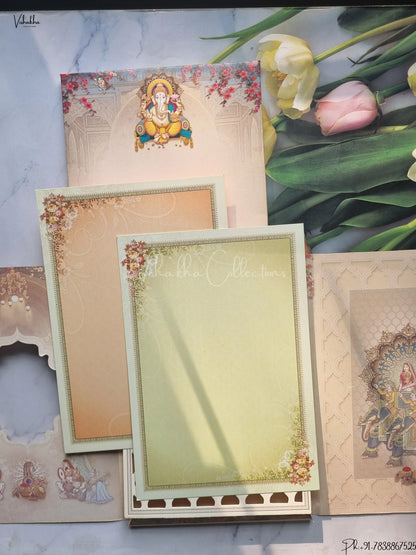 Unique Concept Semi Box Ganesh Ji Dulah Dulhan Hindu Pastel Brown Colored wedding invitation Cards GS-4811