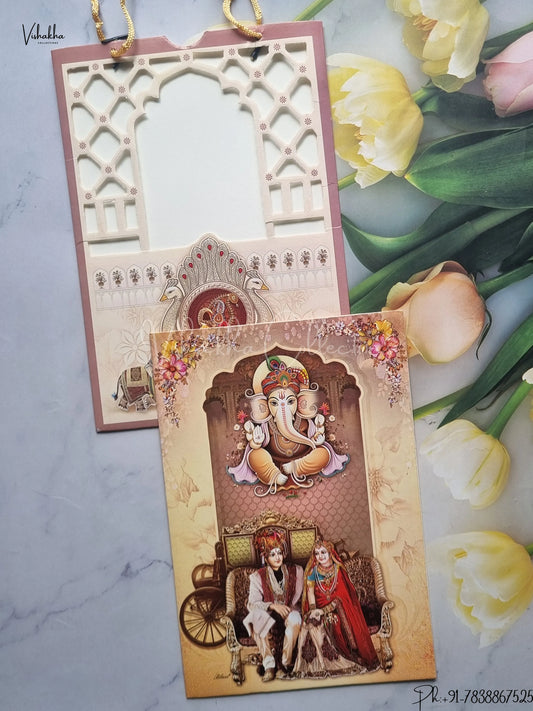 Ganesh Ji Dulah Dulhan Hindu Carry Bag Light Brown And Multicolor Colored wedding invitation Cards GS-4819