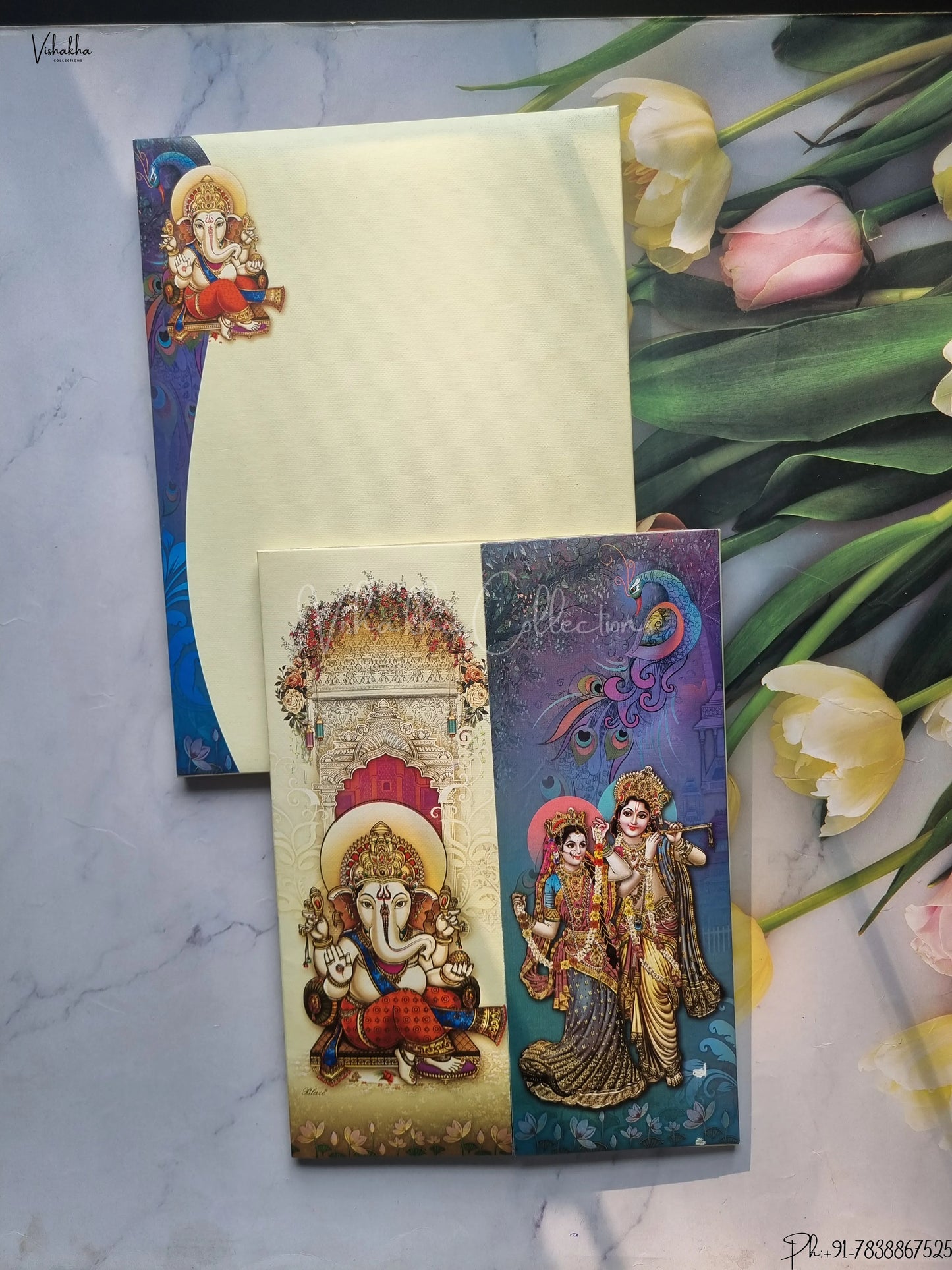 Radha Krishna Peacock Semi Box Ganesh Ji Double Door Hindu Pastel Green And Blue Colored wedding invitation Cards GS-4820