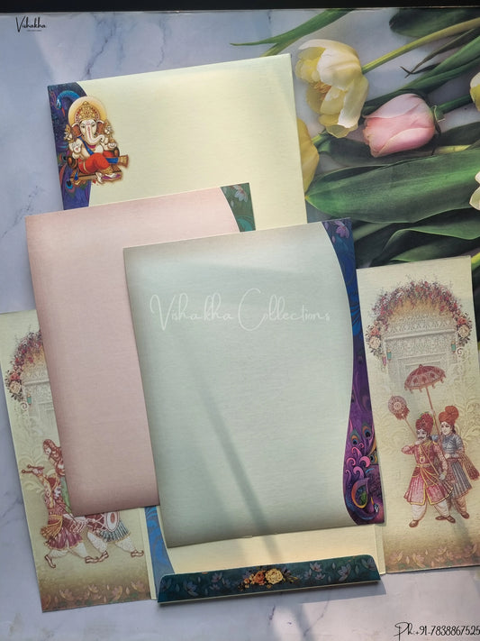 Radha Krishna Peacock Semi Box Ganesh Ji Double Door Hindu Pastel Green And Blue Colored wedding invitation Cards GS-4820