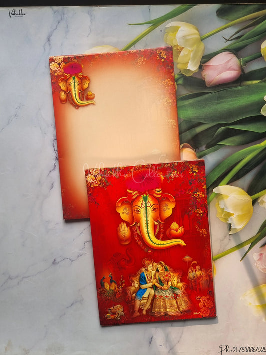 Semi Box Ganesh Ji Dulah Dulhan Hindu Red Colored wedding invitation Cards GS-4822
