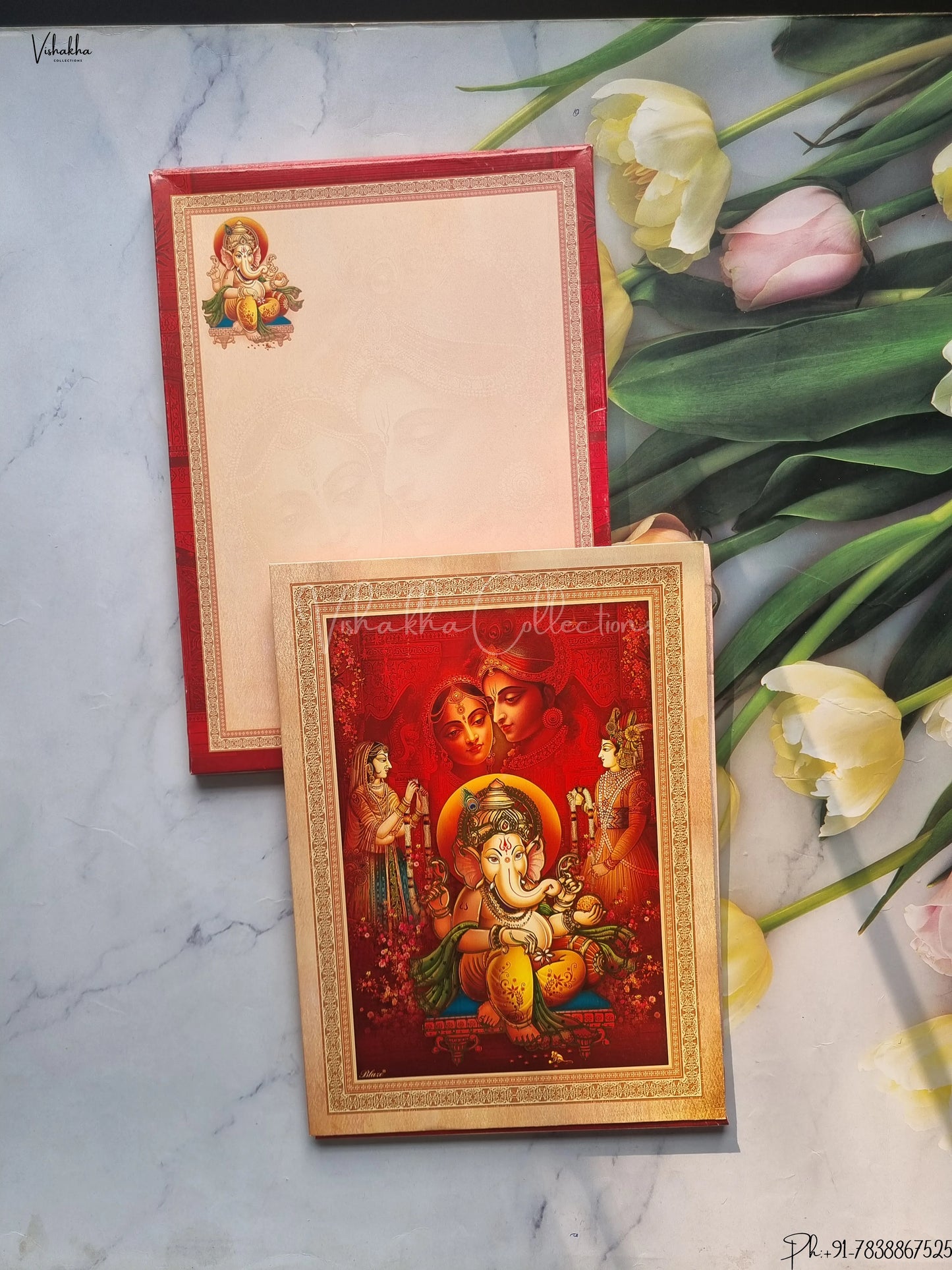 Radha Krishna Semi Box Ganesh Ji Dulah Dulhan Hindu Red Colored wedding invitation Cards GS-4825