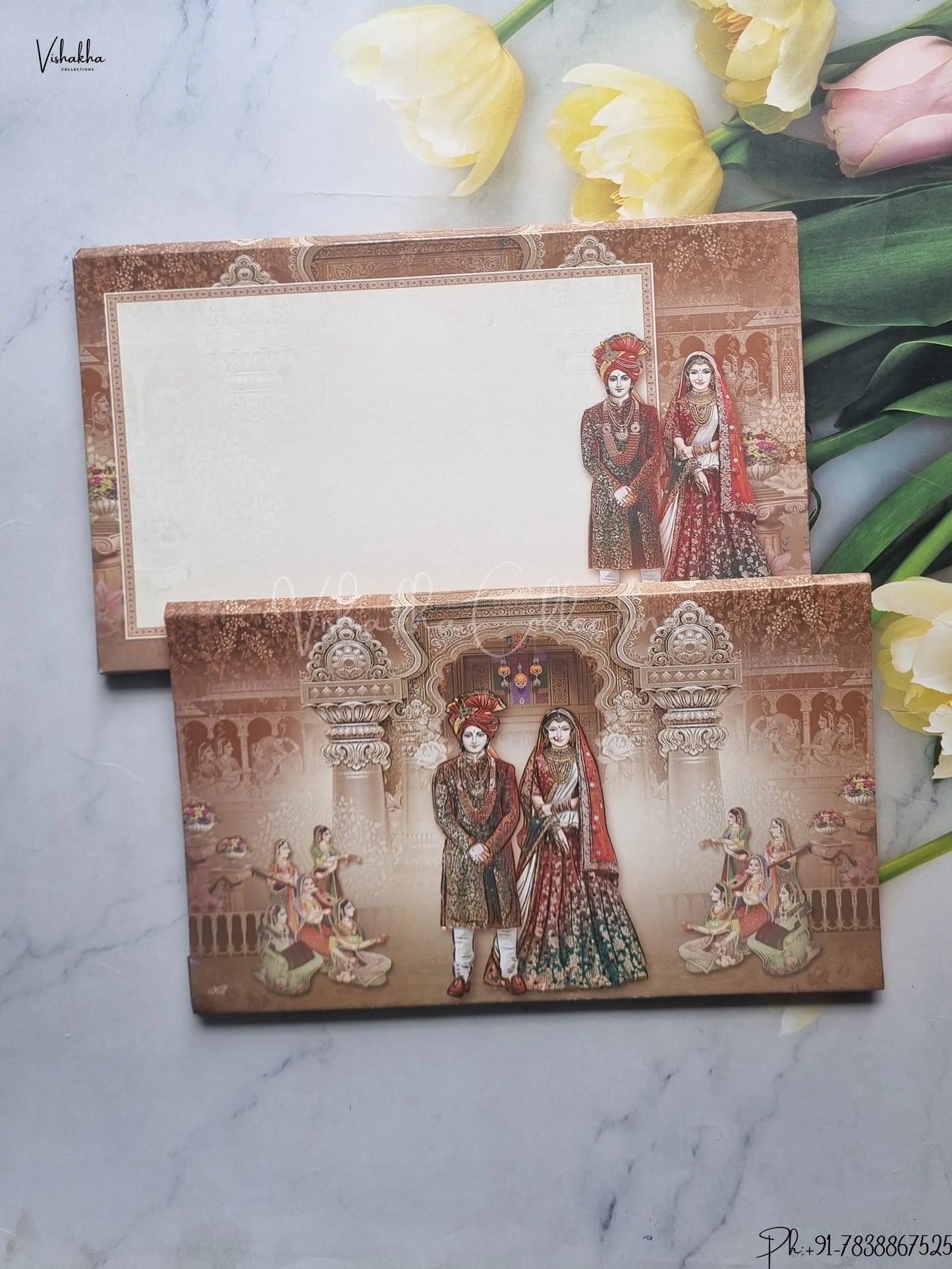 Barat Semi Box Dulah Dulhan Hindu Brown And Mulricolor Colored wedding invitation Cards GS-4827