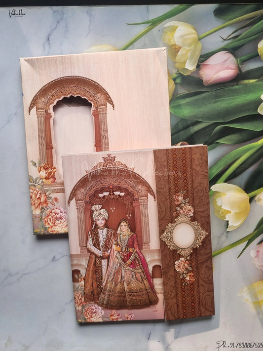Semi Box Dulah Dulhan Flower Double Door Hindu Brown Colored wedding invitation Cards GS-4828