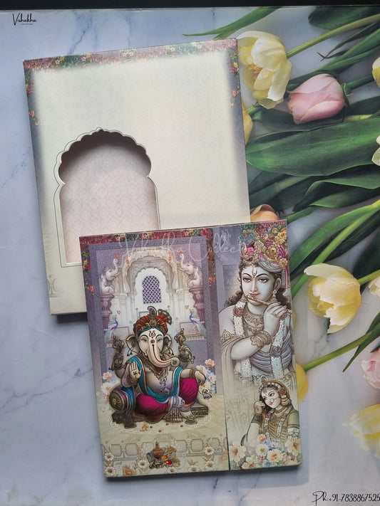 Radha Krishna Semi Box Ganesh Ji Dulah Dulhan Hindu Grey Colored wedding invitation Cards GS-4829
