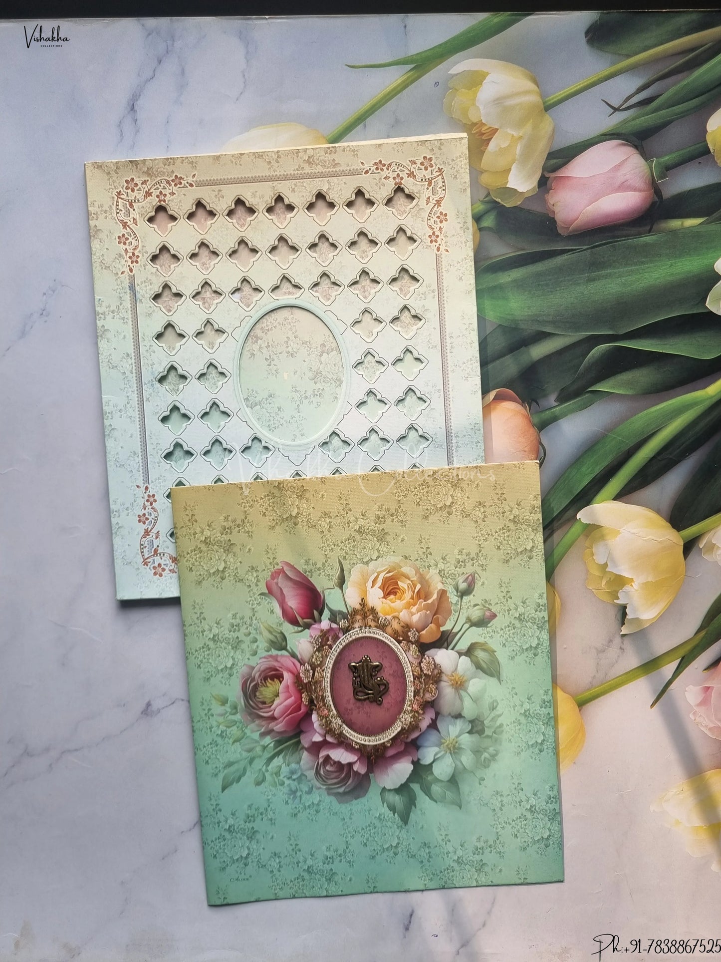 Semi Box Flower Hindu Muslim Christian Jain Sikh Pista Green Colored wedding invitation Cards GS-4834