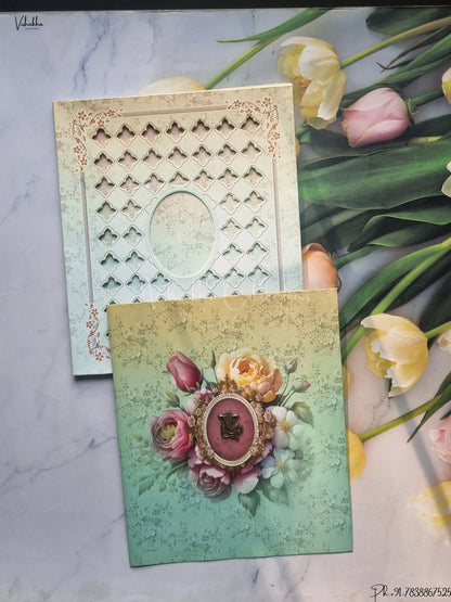 Semi Box Flower Hindu Muslim Christian Jain Sikh Pista Green Colored wedding invitation Cards GS-4834