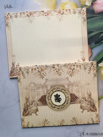 Barat Semi Box Flower Hindu Muslim Christian Jain Sikh Beige Colored wedding invitation Cards GS-4837
