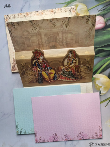 Barat Semi Box Flower Hindu Muslim Christian Jain Sikh Beige Colored wedding invitation Cards GS-4837