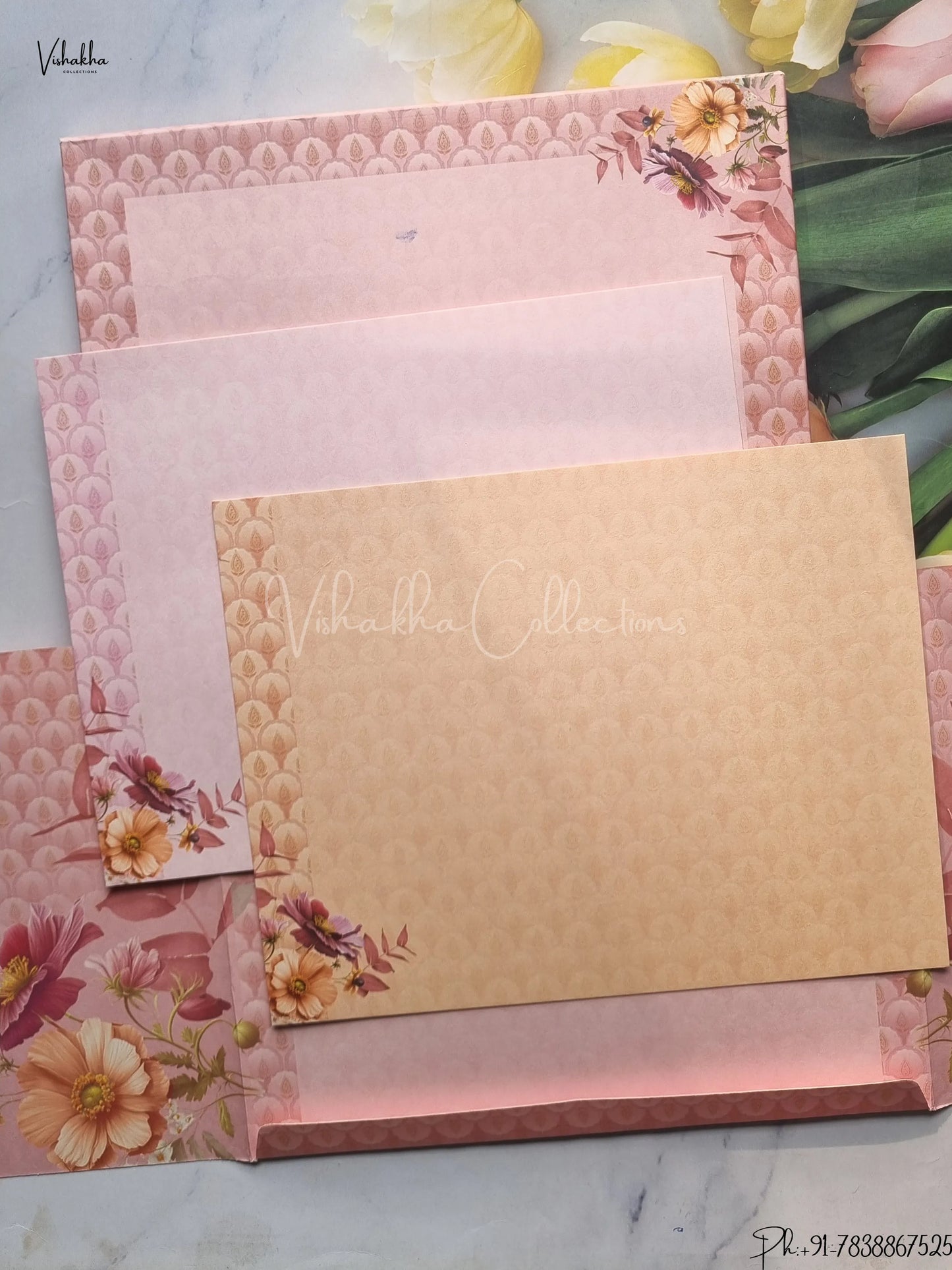 Semi Box Flower Double Door Hindu Muslim Christian Jain Sikh Pink Colored wedding invitation Cards GS-4840
