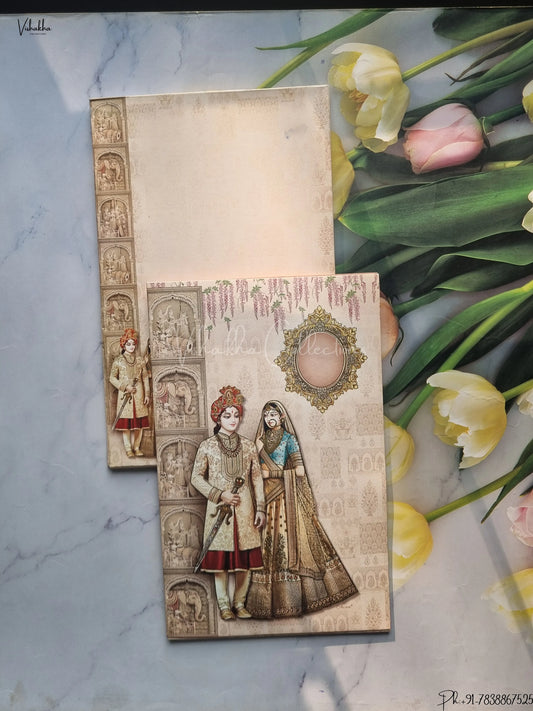 Semi Box Hathi Dulah Dulhan Hindu Peach Colored wedding invitation Cards GS-4841